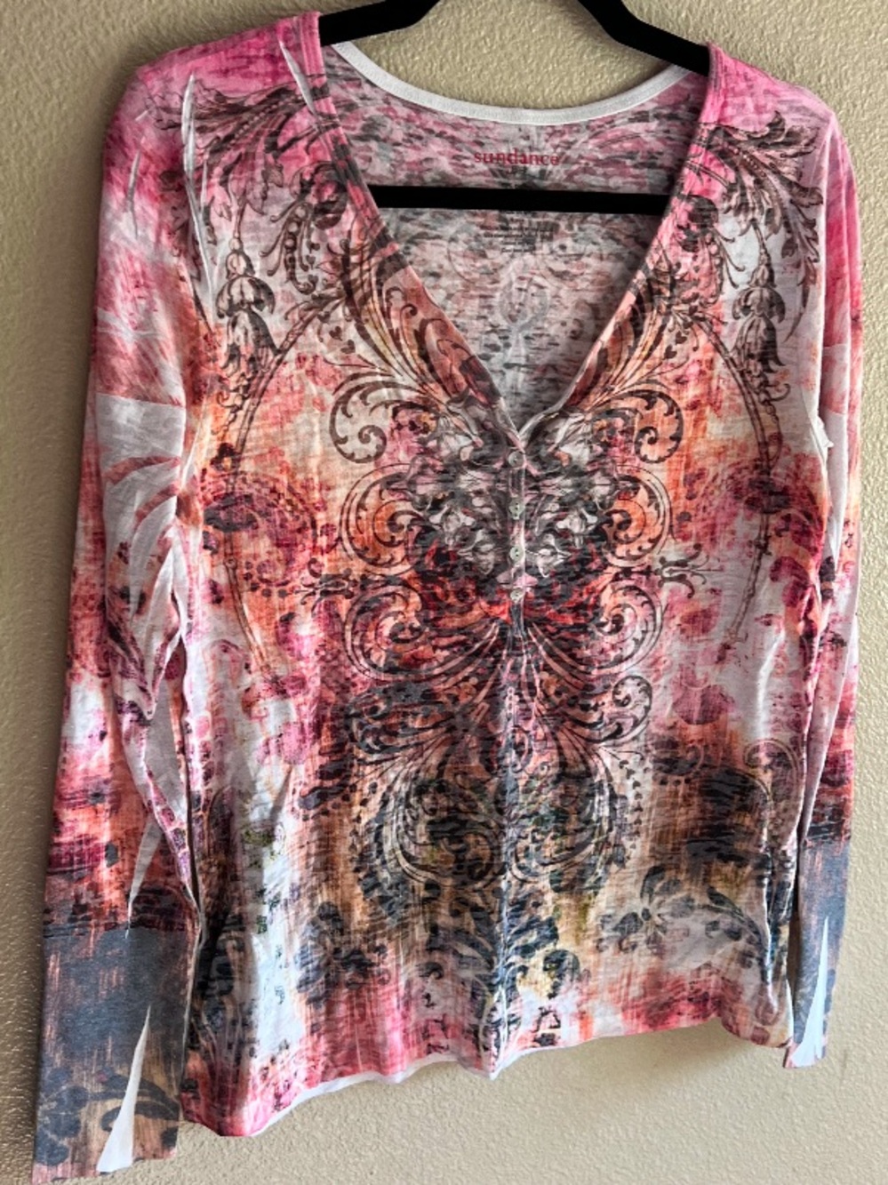 Sundance Pink Floral V-Neck Long Sleeve Top size Large